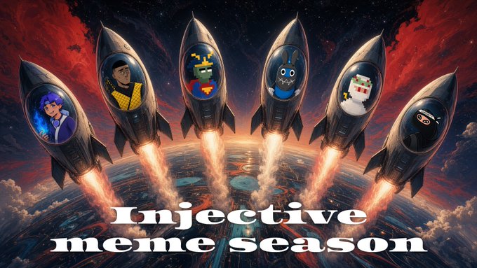 A promotional graphic for 'Injective meme season' shows five rocket ships launching from Earth with cartoon characters visible in the cockpits against a dramatic red and orange cosmic background.