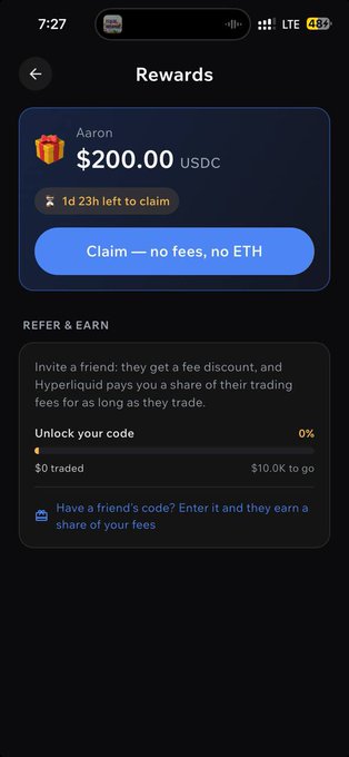 A mobile app 'Rewards' screen showing a $200.00 USDC claimable reward for 'Aaron' with 1d 23h left, alongside a 'Refer & Earn' section for Hyperliquid.