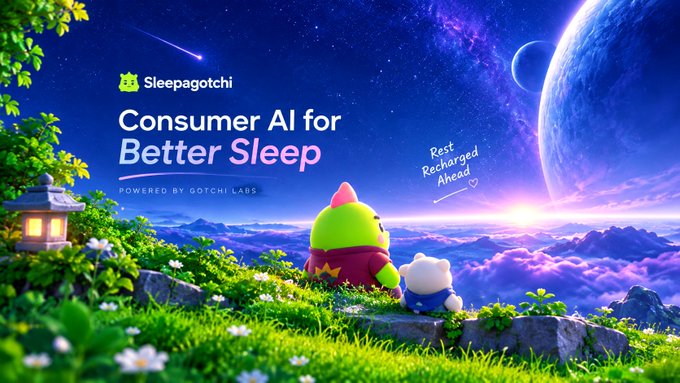 A promotional graphic for 'Sleepagotchi' by Gotchi Labs displays 'Consumer AI for Better Sleep' and 'Rest Recharged Ahead' with cartoon characters looking at a starry night sky.