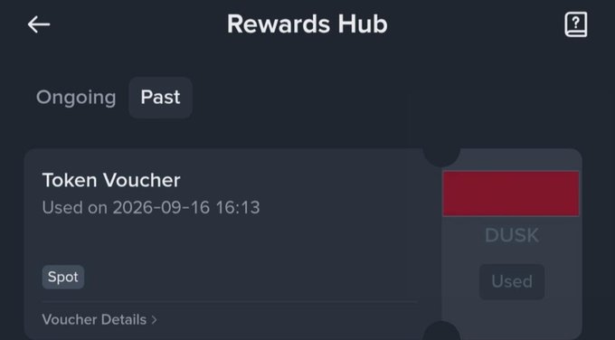 A screenshot of a Binance "Rewards Hub" showing a "Past" tab with a redeemed "Token Voucher" labeled "DUSK" (used on 2026-09-16 16:13) and marked as "Used." The image confirms the receipt of a DUSK token voucher reward from a Binance campaign, matching the post's expression of gratitude.