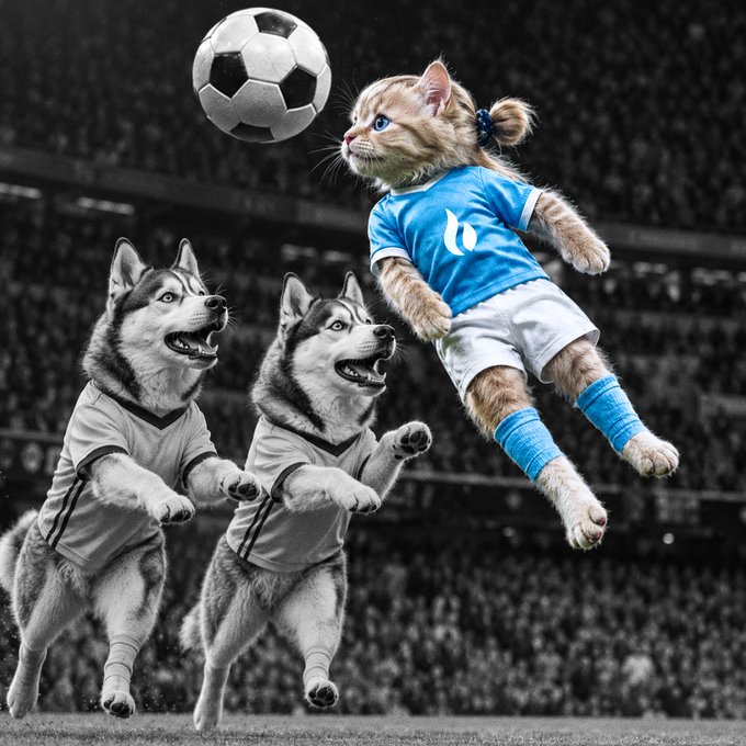 A cat in a blue jersey with a "U" logo leaps athletically to head a soccer ball mid-air, soaring above two huskies in pursuit during an intense match. The dynamic image humorously depicts the feline's "powerful shot" referenced in the post, capturing a memorable soccer moment with feline flair.