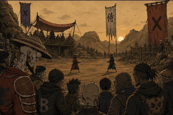 A samurai duel unfolds in a desolate arena at sunset, framed by hanging banners displaying the characters "侍" (samurai) and large "X" marks, with two fighters squaring off as a crowd of onlookers watches—including figures wearing skull masks and a man with a bamboo hat in the foreground. The scene's tension and anticipation mirror the post's ominous tone ("The shadows are watching") and its promotional countdown to a July 26th mint event, using the duel as a metaphor for the impending launch on OpenSea at 0.00021 ETH.
