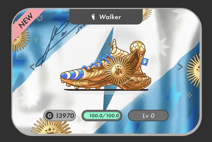 A digital collectible card featuring a golden soccer cleat with 'Walker' label, 'NEW' badge, AFA crest, an Argentinian flag motif, and stats showing G 13970, 100.0/100.0, Lv 0.