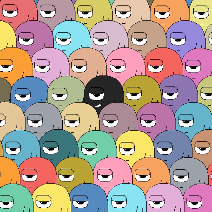 A grid of colorful cartoon blob characters with sleepy expressions, featuring one black blob that stands out among the multicolored crowd, likely symbolizing the rarity or exclusivity of the giveaway winners.