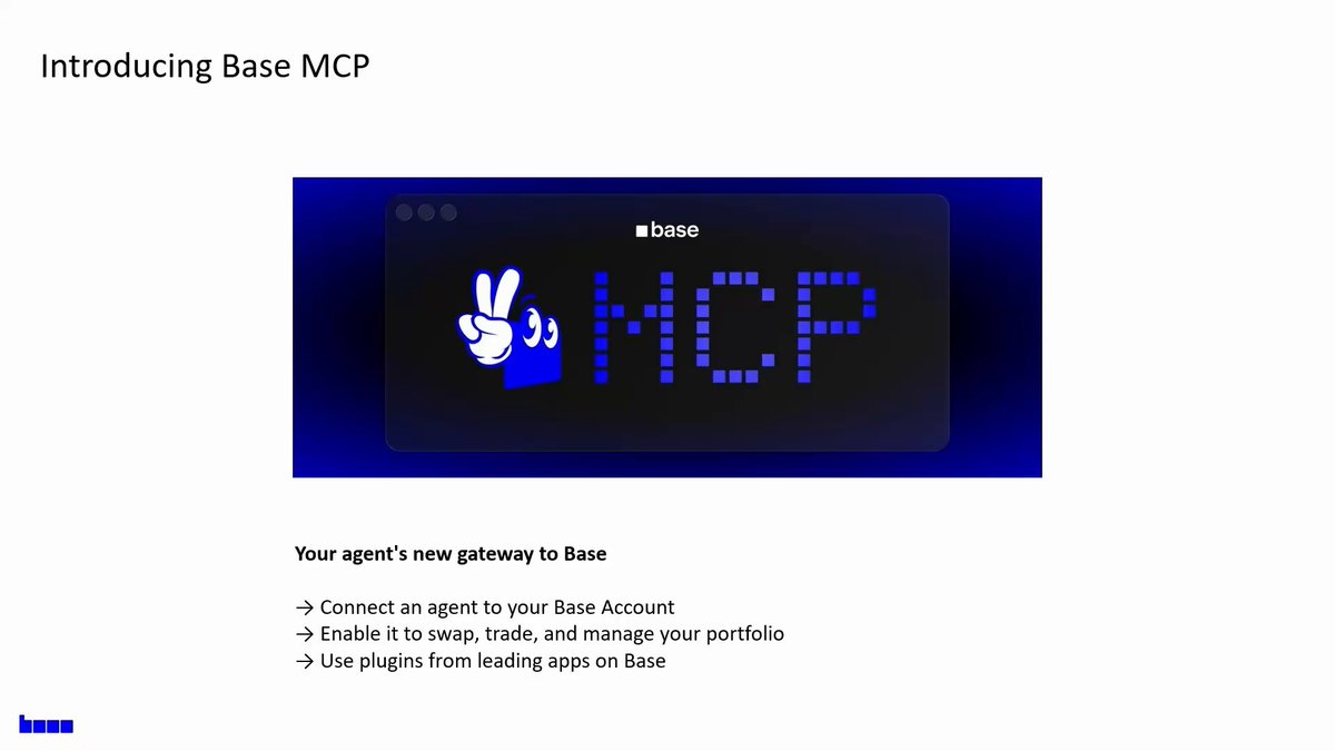 The image shows an advertisement for a new service called "Base MCP". The text on the screen reads "Introducing Base MCP" followed by instructions on how to use the service, which includes connecting with an agent through a web browser or mobile app. The main focus of the image is a blue sign that says "Base MCP", and it features a cartoon character holding up a peace sign.