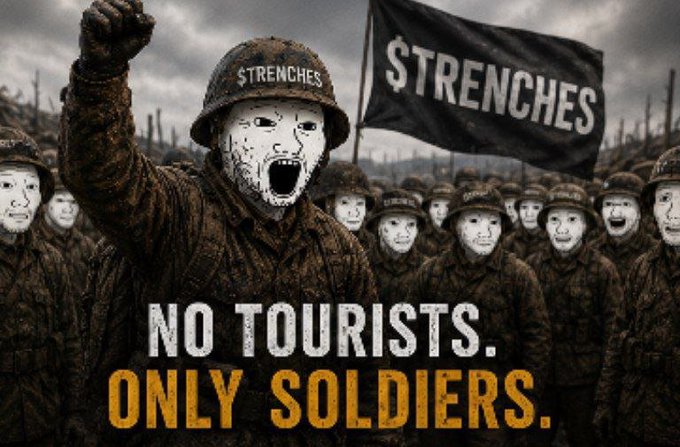 The image shows a stylized army of soldiers wearing menacing masks and "STRENCHES"-branded helmets, with one raising a fist alongside a flag displaying the $TRENCHES logo. Bold text reads "NO TOURISTS. ONLY SOLDIERS," reinforcing the post's rallying cry for dedicated community members to support the $TRENCHES token from the ground up.