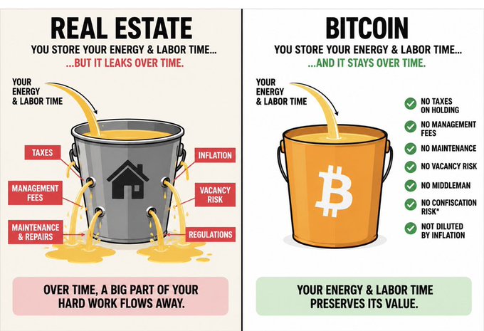 A side-by-side infographic contrasts real estate and bitcoin as stores of value, depicting real estate as a leaky bucket draining from taxes, management fees, maintenance, repairs, inflation, vacancy risk, and regulations, while bitcoin is shown as a sealed bucket preserving energy and labor time with benefits including no taxes on holding, no management fees, no maintenance, no vacancy risk, no middleman, no confiscation risk, and no dilution by inflation.