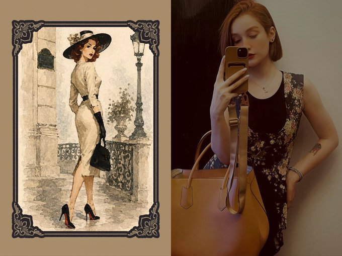 A side-by-side comparison showing a vintage-style illustration of an elegant woman on the left, alongside a modern mirror selfie of a woman wearing a similar floral patterned outfit and holding a tan handbag on the right.