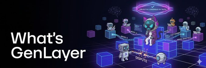 The image features an animated scene with several robots, including a robot wearing a purple suit and hat standing next to a robot wearing a blue suit and hat. The robots are interacting with each other, creating a sense of movement and dynamism within the scene. In the background, there is a large block of text that reads "What's GenLayer?". This text seems to be part of an advertisement or promotional material for a new technology called GenLayer.