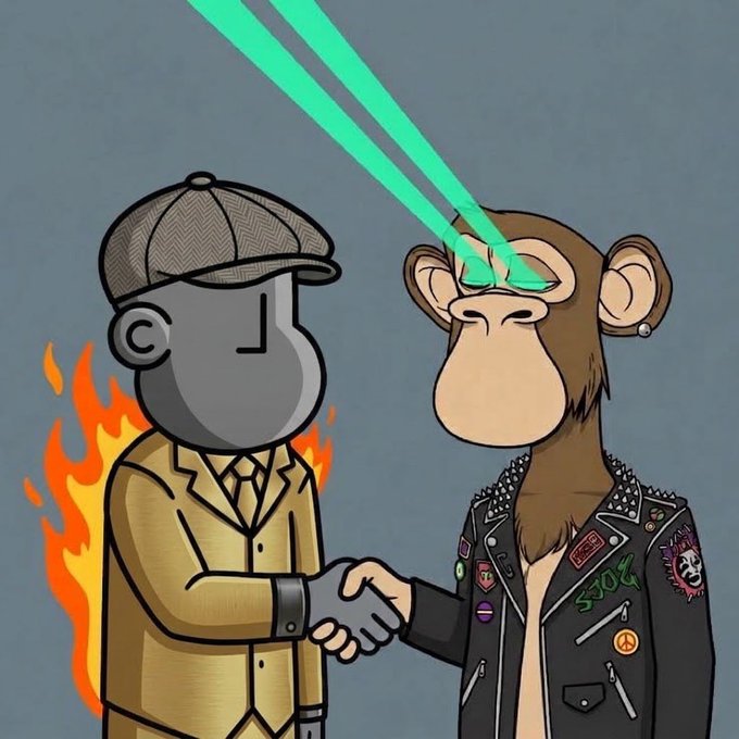 A cartoon image showing two characters shaking hands: on the left, a silver figure with a face mask, newsboy cap, and tan suit with flames in the background; on the right, a Bored Ape-style monkey NFT character wearing sunglasses that emit green laser beams and a studded leather jacket with various patches.