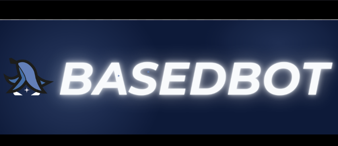 A banner displaying the text 'BASEDBOT' in glowing white letters next to a stylized penguin logo on a dark blue background.