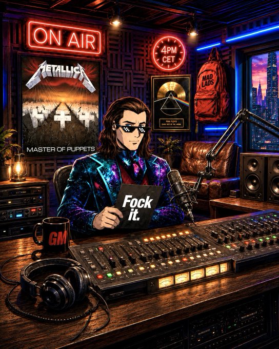 A stylish long-haired host wearing pixel sunglasses and a galaxy-print blazer sits at a neon-lit mixing console in a radio studio, holding a card that reads "Fock it." behind an "ON AIR" sign, a Metallica "Master of Puppets" poster, a gold record, and a digital clock displaying "4PM CET"—perfectly matching the GM CT announcement for the Sunday Church Edition Town Hall going live at 4PM CET with the Mad Lads crew.