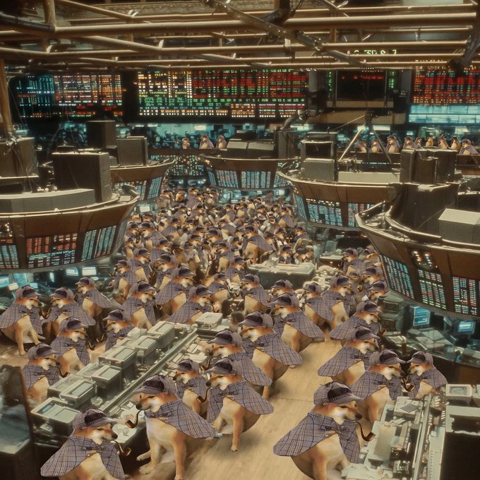 An AI-generated image showing numerous dogs wearing plaid detective hats and coats working as stock traders in a busy trading floor filled with monitors and screens.