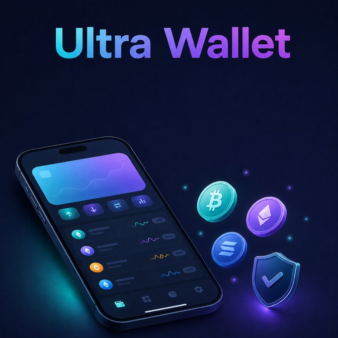The image shows promotional artwork for "Ultra Wallet," featuring a stylized smartphone displaying a crypto wallet dashboard with charts and various token icons alongside floating cryptocurrency symbols (Bitcoin, Ethereum, Solana) and a security shield, set against a dark background. The bold gradient title text "Ultra Wallet" sits prominently at the top, visually representing the Telegram-based crypto wallet app mentioned in the post with its trading and feature-rich interface.