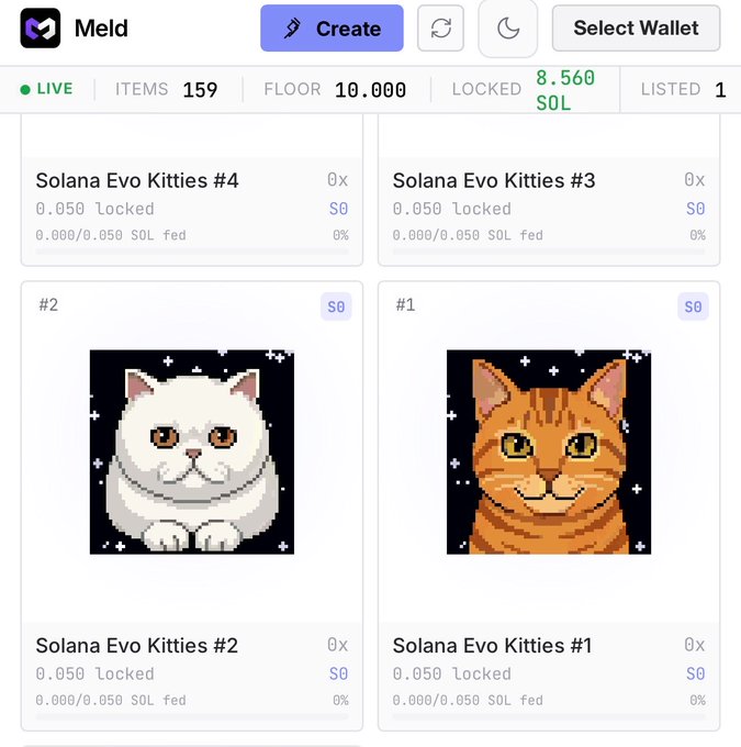 The image shows the Meld platform interface displaying 159 items with a floor price of 10.000 SOL and 8.560 SOL locked, featuring Solana Evo Kitties (#1-#4) collections, with Kitties #1 and #2 showcasing white and orange pixel cat artwork priced at S0. This relates to the post by illustrating Meld's "Programmable Assets" (EVOs) like Solana Evo Kitties, which the author emphasizes are fundamentally different from traditional NFTs since they store digital collections in programs rather than tokens.