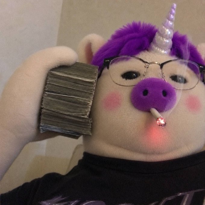 The image features a stuffed animal pig wearing glasses and smoking a cigarette while holding stacks of money. The caption reads "I am bullish uwu because it is a belief asset. $Hype has everyone trained to worry about cash flow (thats for cucks). Hypes infrastructure is very expensive. Hype is trying to bribe politicians to get better compliance, ( I know I bought the email chain) extensive cost." The stuffed animal pig appears to be promoting an investment strategy or a belief in the value of certain assets.