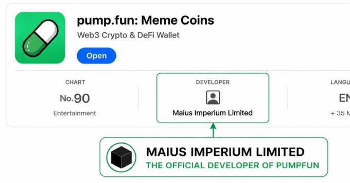 An App Store listing for 'pump.fun: Meme Coins' showing it as a Web3 Crypto & DeFi Wallet, with an annotation identifying 'Maius Imperium Limited' as 'THE OFFICIAL DEVELOPER OF PUMPFUN'.
