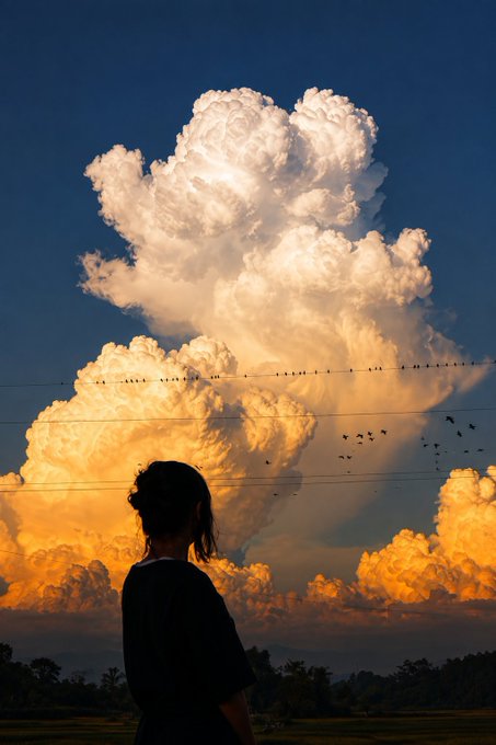 A silhouette of a person looking up at a dramatic golden-hued cloud formation at sunset, with birds perched on power lines stretching across the scene.