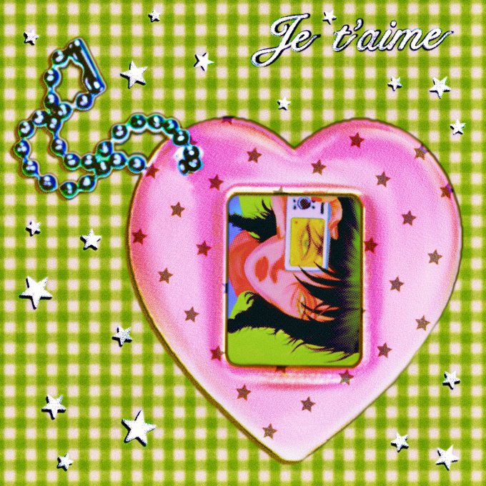 A retro-styled graphic with a green gingham background, a pink heart pendant containing an anime-style portrait, the text 'Je t'aime' in the corner, and a beaded chain.