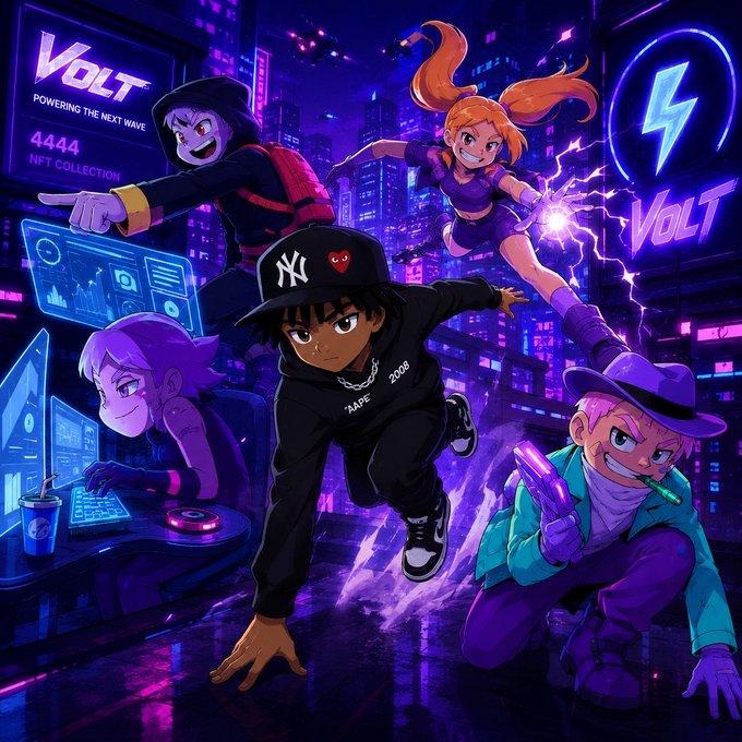 A vibrant anime-style NFT artwork featuring four characters in a cyberpunk city setting, with text reading 'VOLT POWERING THE NEXT WAVE 4444 NFT COLLECTION'.