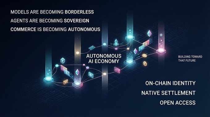 A presentation slide titled 'AUTONOMOUS AI ECONOMY' with text stating 'MODELS ARE BECOMING BORDERLESS, AGENTS ARE BECOMING SOVEREIGN, COMMERCE IS BECOMING AUTONOMOUS' alongside 3D blockchain graphics.