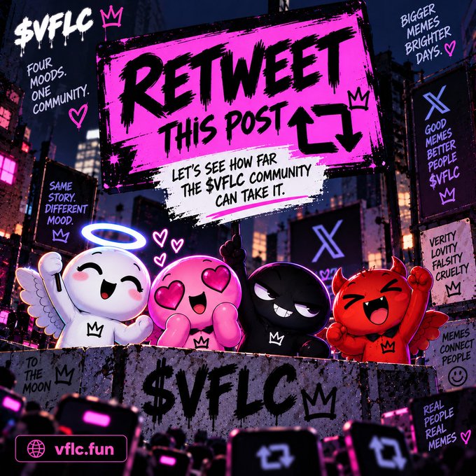 A vibrant pink and black promotional graphic for '$VFLC' featuring four cartoon characters (angel, heart-eyed pink, black devil, and red devil) holding a 'RETWEET THIS POST' sign, with tags like 'FOUR MOODS. ONE COMMUNITY.' and 'vfle.fun'.