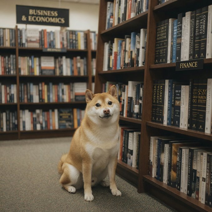 A Shiba Inu dog sits attentively between library bookshelves labeled "BUSINESS & ECONOMICS" and "FINANCE," humorously framing the meme's claim that "research says we must buy more $DOGE" by depicting the canine mascot surrounded by serious financial literature as if it were the basis for investment advice.