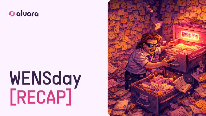 A promotional graphic for Alvara's "WENSday [RECAP]" featuring pixel art of a masked figure surrounded by scattered papers and opening a treasure chest labeled "BSKVS," visually evoking a vault of crypto assets to highlight the week's platform upgrades and Base integration.