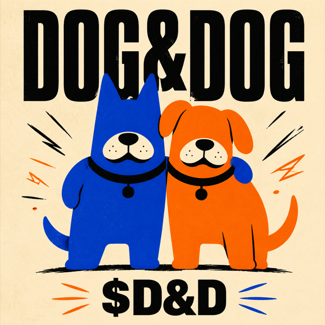 A graphic illustration featuring the text 'DOG&DOG' at the top and '$D&D' at the bottom, depicting a blue dog and an orange dog standing side by side in a retro cartoon style.
