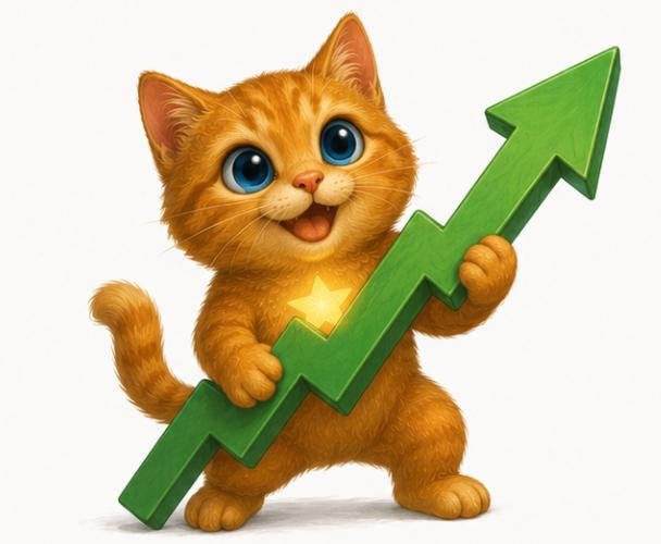 Cartoon illustration of an orange kitten holding a large green upward-pointing arrow with a yellow star on its chest.