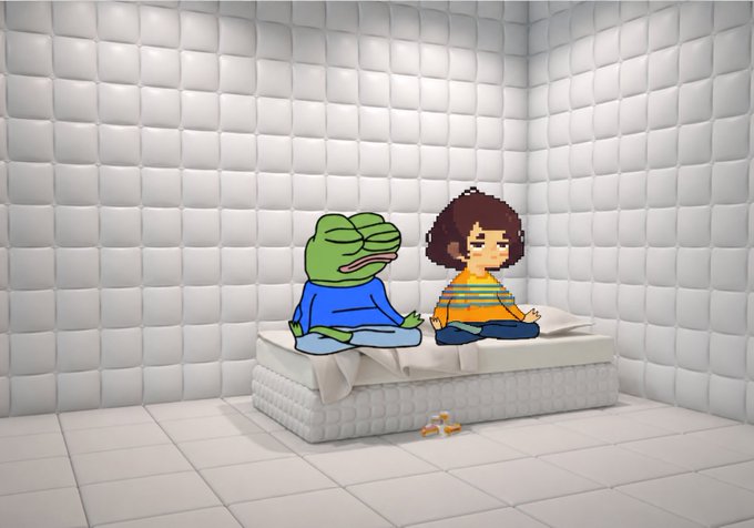 Two cartoon characters—a green frog in a blue sweater and a curly-haired figure in an orange striped shirt—sit meditating cross-legged on a mattress inside a padded white room, with discarded orange peels on the floor nearby, evoking a peaceful "be happy" mood that complements the optimistic "Motion morning" message.