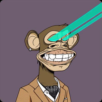 Digital illustration of a Bored Ape-style cartoon monkey character in a brown suit and polka dot bowtie, grinning widely while emitting green laser beams from its eyes against a gray background.