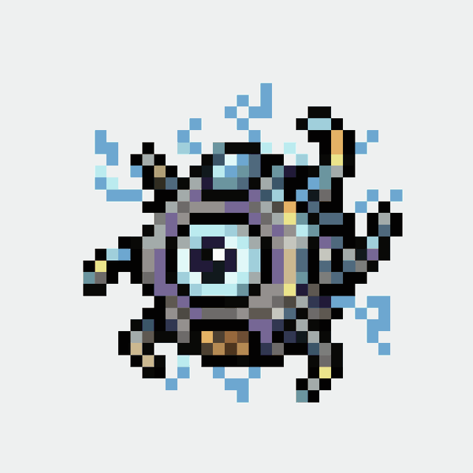 A pixel art character resembling a sci-fi robot or alien creature with blue and gray coloring is displayed against a plain light gray background.