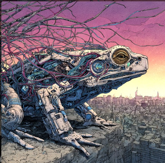 A detailed illustration of a mechanical, cybernetic frog-like creature with exposed wiring and a large eye, perched on a rooftop overlooking a city at sunset.