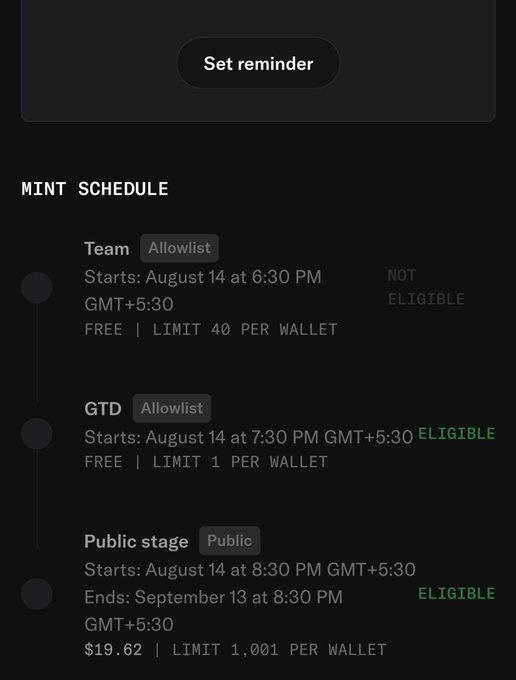 A mobile screen showing a 'MINT SCHEDULE' with three stages: Team (Allowlist) starting August 14 at 6:30 PM marked NOT ELIGIBLE, GTD (Allowlist) at 7:30 PM marked ELIGIBLE, and Public stage at 8:30 PM marked ELIGIBLE at $19.62 with a limit of 1,001 per wallet.
