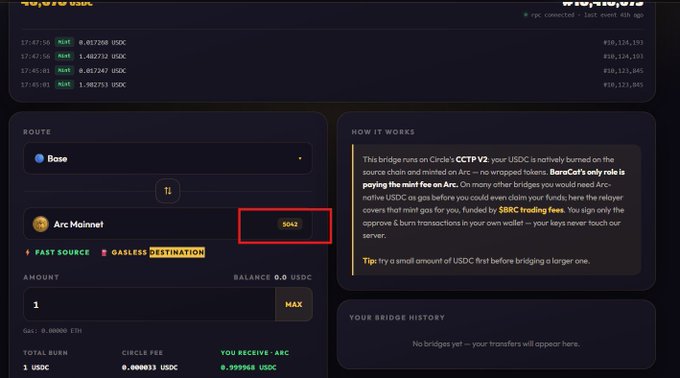 A bridge interface for transferring USDC from Base network to Arc Mainnet, showing a fee of 5042, with instructions explaining the bridge mints USDC on Circle's CCTP V2 and incurs a $0 mint fee plus SBRC trading fees.