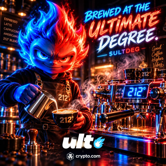 A vibrant promotional graphic features a fiery-haired character barista pouring coffee from a pitcher branded with "212°" into a matching cup, alongside an espresso machine displaying "212°" and text reading "BREWED AT THE ULTIMATE DEGREE - $ULTDEG - Good Coffee Higher Vibes," with the "ulte" logo and crypto.com branding at the bottom.

The image ties into the $ULTDEG crypto coin promotion by branding the coffee temperature at 212°—a clever double meaning referencing both brewing and "ultimate degree"—while showcasing the UltApp platform in a stylized meme-like visual designed to hype community engagement.