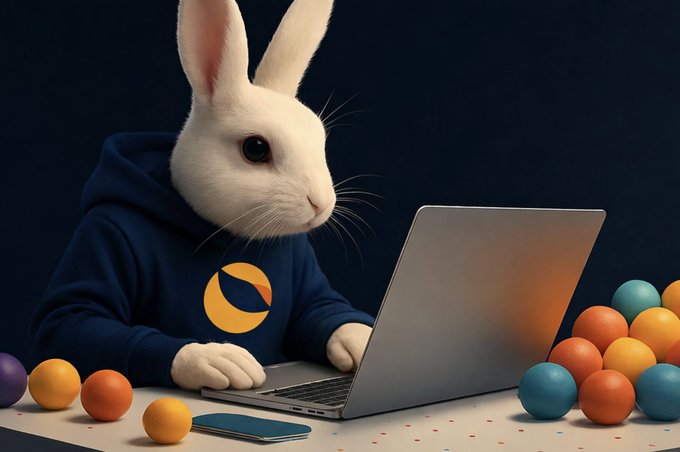 A 3D render of a white rabbit wearing a blue hoodie with an orange logo, typing on a laptop next to a colorful pile of balls and a smartphone.
