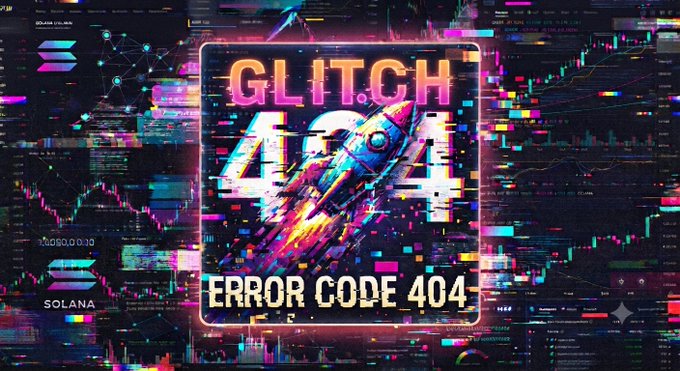 A vibrant digital glitch-art style graphic displaying 'GLITCH 404 ERROR CODE 404' with a rocket ship illustration and various tech-inspired visual elements.