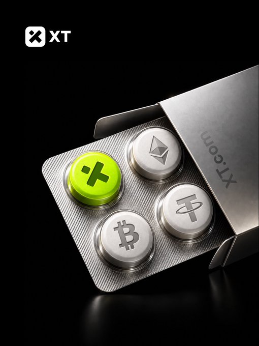 A product rendering showing a metallic box containing four coin designs featuring cryptocurrency logos (Bitcoin, Ethereum, and others), branded with the 'XT.com' logo.