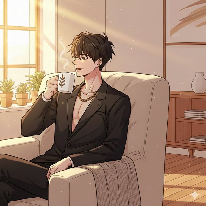 ikebana artist, dressed in black and holding a coffee cup with a plant design, sits on a white chair in a serene room with natural light from a window.