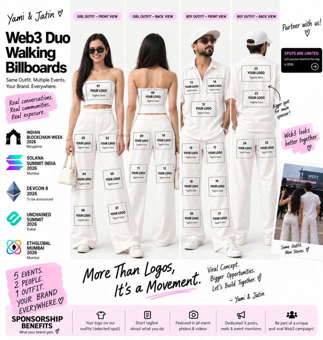 A Web3 sponsorship promotional graphic titled 'Yami & Jatin' showing placement opportunities on their outfits across events like Indian Blockchain Week, Solana Summit India, and Devcon 8.