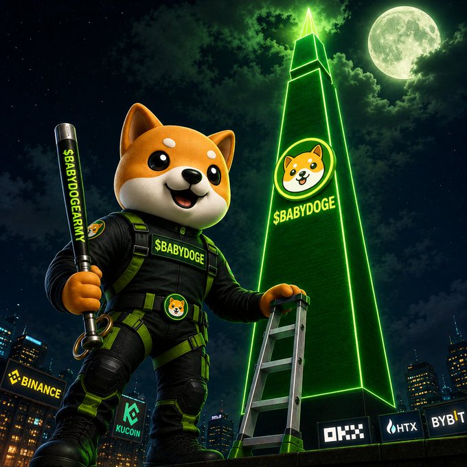 A digital illustration of a cartoon Shiba Inu mascot ('$BABYDOGE') in tactical gear holding a baton and a rocket, standing before a glowing green obelisk with crypto exchange logos (Binance, OKX, HTX, Bybit, KuCoin) at the base.