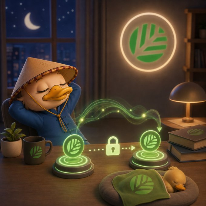 A digital illustration of a duck wearing a conical hat sleeping at a desk at night, with glowing green leaf-patterned icons and a padlock symbol connecting two pedestals, alongside a neon green leaf logo on the wall.