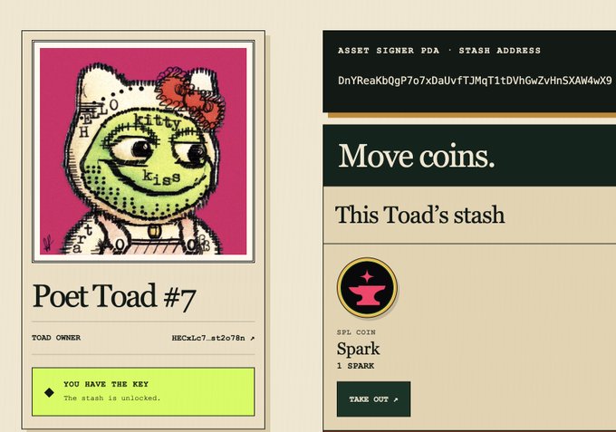 A digital collectible card displaying 'Poet Toad #7' featuring a Hello Kitty-style character on a pink background, with options to 'Move coins' from 'This Toad's stash' containing 1 Spark SPL coin.