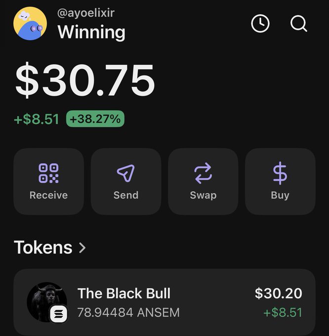 A mobile crypto wallet screen for @ayoelixir showing a winning portfolio of $30.75 (+$8.51, +38.27%) with The Black Bull token at $30.20 and 78.94484 ANSEM.