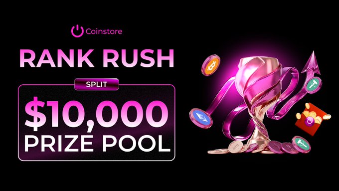 A promotional graphic for Coinstore's "Rank Rush Split" trading contest features a glowing pink trophy surrounded by floating cryptocurrency coins and a red envelope, highlighting a $10,000 prize pool that traders can compete for through spot and futures volume rankings.