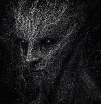 A dark, stylized portrait of a face with glowing purple eyes, rendered in black sketch-like lines against a black background.