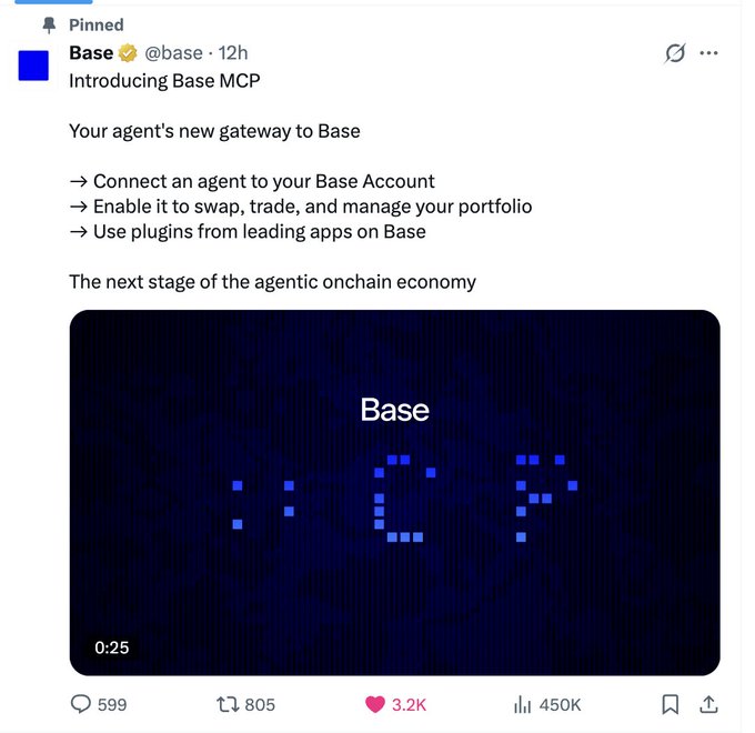 The image is a screenshot of a social media post that promotes a cryptocurrency named "Base." The post displays information about the Base system, including the base address, token price, and market cap. It also includes an advertisement for Base MCP and the link to its account on social networking sites such as Twitter and Facebook. The text in the image is likely explaining or promoting the features of the Base cryptocurrency and inviting users to connect with it using their agent's new gateway.