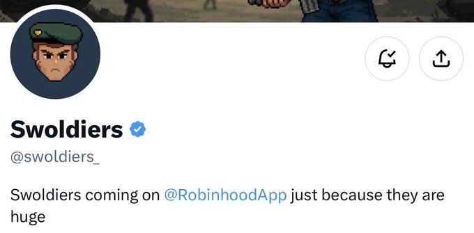 A screenshot of a tweet from the account 'Swoldiers' (@swoldiers_) featuring a cartoon avatar of a soldier, with text announcing they are joining Robinhood.